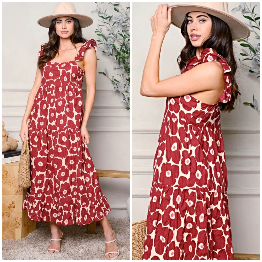 JACQUIE THE LABEL Boho Chic Burgundy Floral Tiered Maxi Dress - Picture 2 of 5